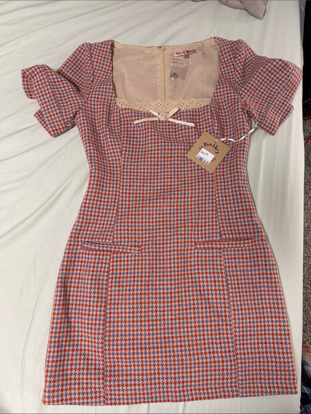 Babydoll Pink & Red Houndstooth Square-Neck Mini Dress
